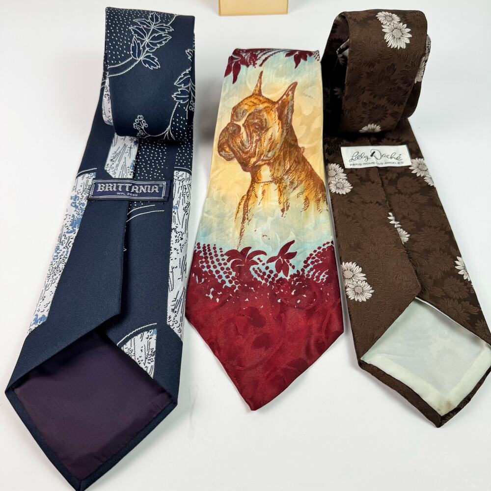 Vintage Novelty Necktie Lot of 3 Boxer Dog Floral Britannia Mens Ties Retro - Picture 3 of 3